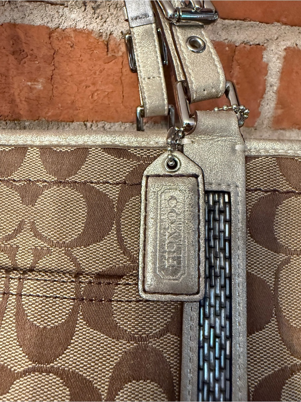 Vintage Coach Gold-Tone Signature Jacquard Shoulder Bag with Metallic Trim
